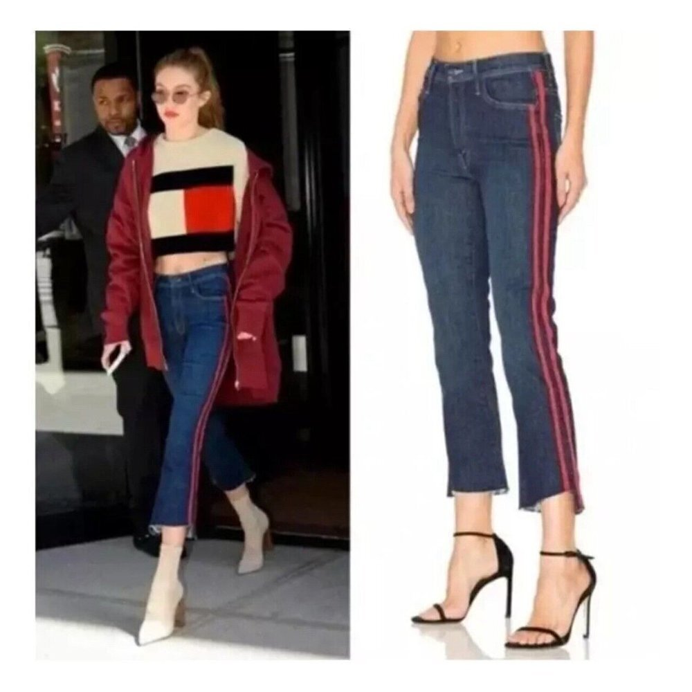 Mother Insider Step Crop Fray Jeans in Speed Racer Blue Red Side Stripe Size 26 - Picture 2 of 10